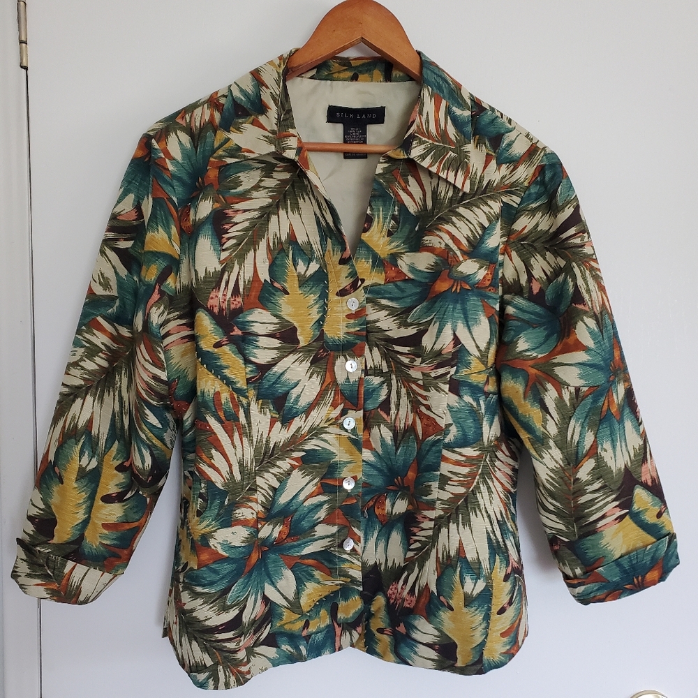 SilkLand Jacket Women's L Tan Base Color Multicolor Floral Tropical